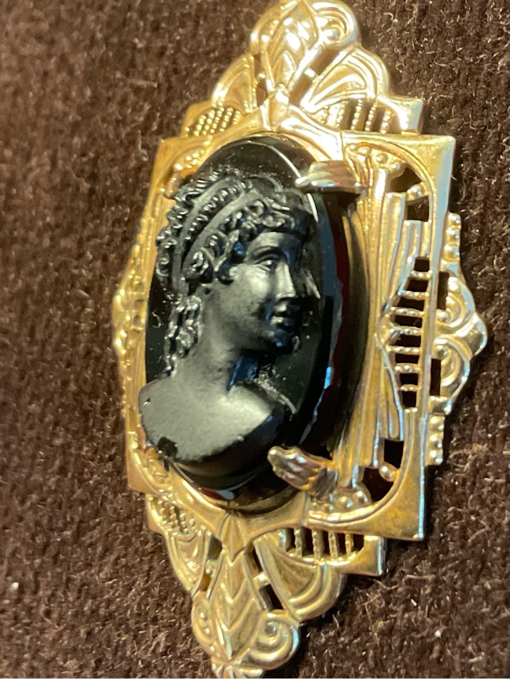 Vintage-Style Black Cameo Brooch with 14k Gold Filled Filigree